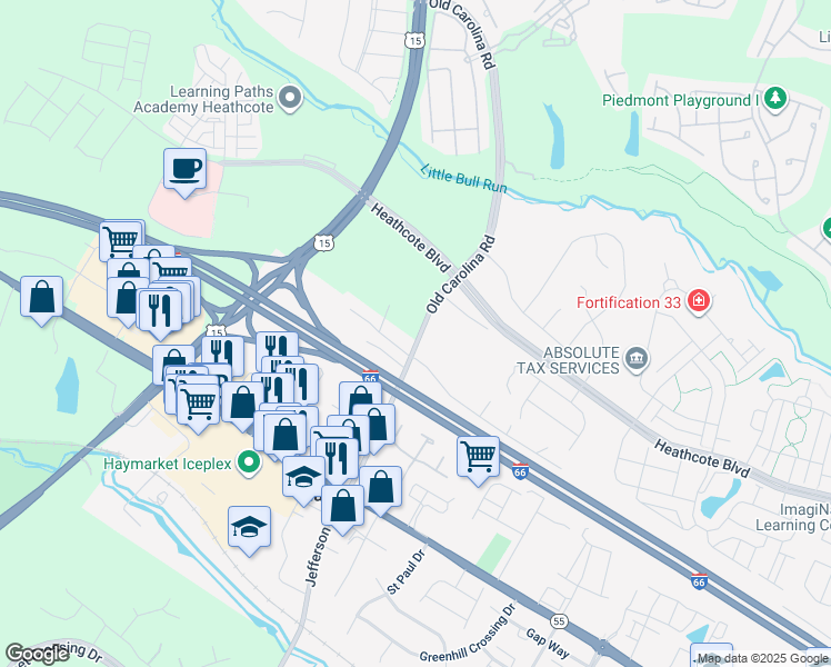 map of restaurants, bars, coffee shops, grocery stores, and more near 6520 Old Carolina Road in Haymarket