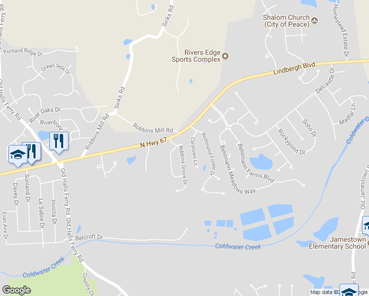 map of restaurants, bars, coffee shops, grocery stores, and more near 4520 Robbins Grove Drive in Florissant
