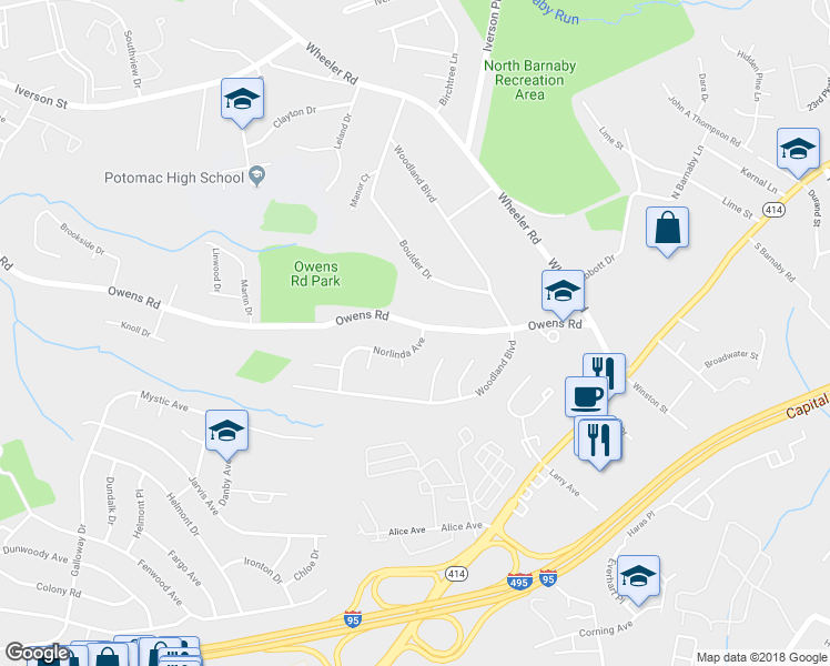 map of restaurants, bars, coffee shops, grocery stores, and more near 2111 Owens Road in Oxon Hill