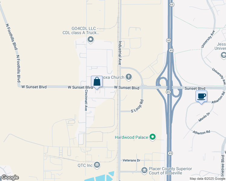 map of restaurants, bars, coffee shops, grocery stores, and more near 1121 West Sunset Boulevard in Rocklin