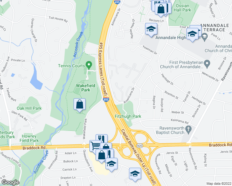 map of restaurants, bars, coffee shops, grocery stores, and more near 4935 Oriskany Drive in Annandale