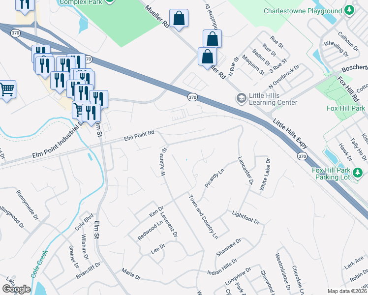 map of restaurants, bars, coffee shops, grocery stores, and more near 3340 Elm Point Road in Saint Charles