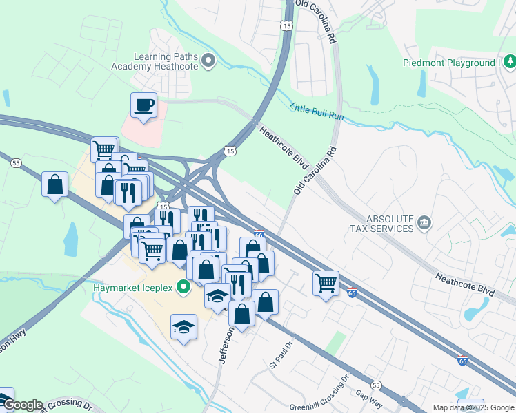 map of restaurants, bars, coffee shops, grocery stores, and more near 15001 Walter Robinson Lane in Haymarket