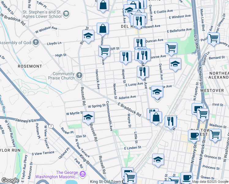 map of restaurants, bars, coffee shops, grocery stores, and more near 1204 Newton Street in Alexandria