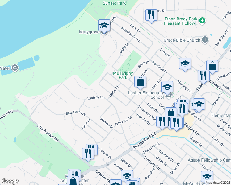 map of restaurants, bars, coffee shops, grocery stores, and more near 1070 Cedar Place in Florissant