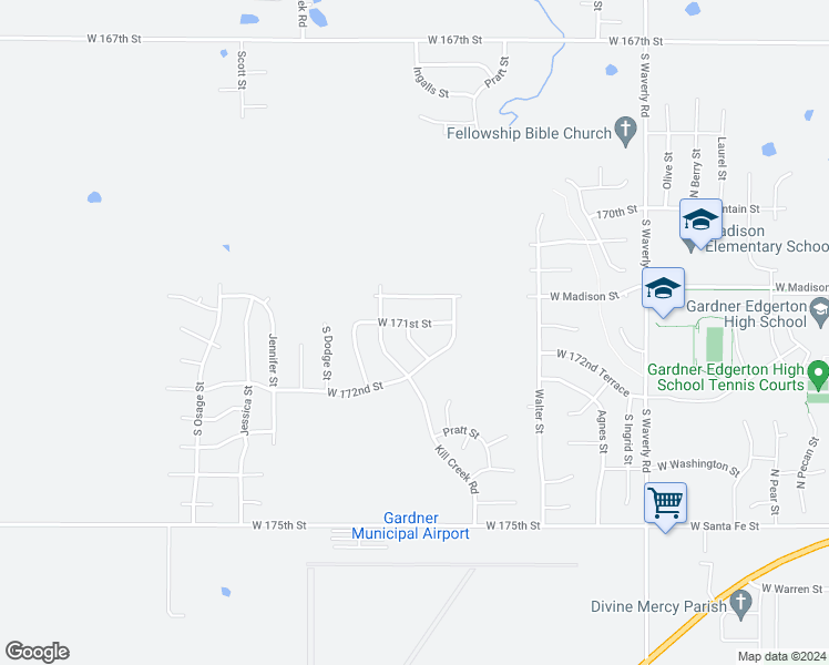 map of restaurants, bars, coffee shops, grocery stores, and more near 31815 West 171st Street in Gardner