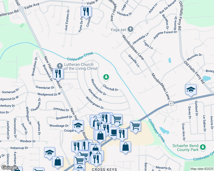 map of restaurants, bars, coffee shops, grocery stores, and more near 3040 Churchill Dr in Florissant