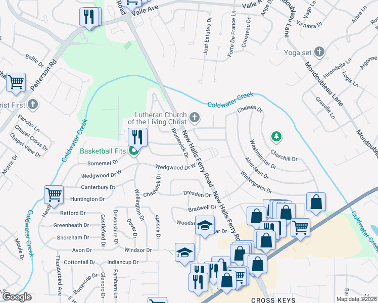 map of restaurants, bars, coffee shops, grocery stores, and more near 3170 Brunswick Drive in Florissant