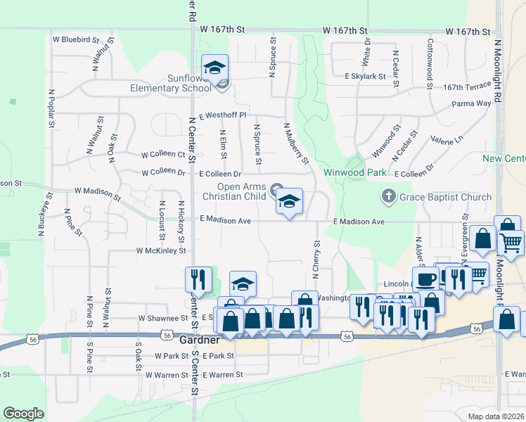 map of restaurants, bars, coffee shops, grocery stores, and more near 409 North Spruce Street in Gardner