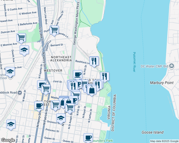 map of restaurants, bars, coffee shops, grocery stores, and more near 1117 North Pitt Street in Alexandria
