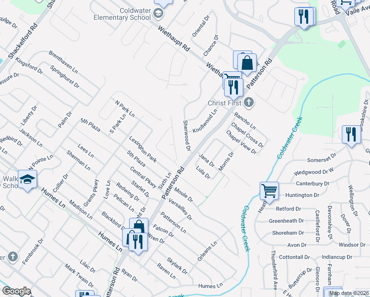 map of restaurants, bars, coffee shops, grocery stores, and more near 2615 Patterson Road in Florissant