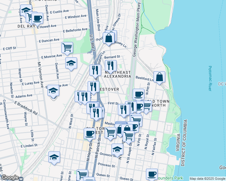 map of restaurants, bars, coffee shops, grocery stores, and more near 901 Second Street in Alexandria