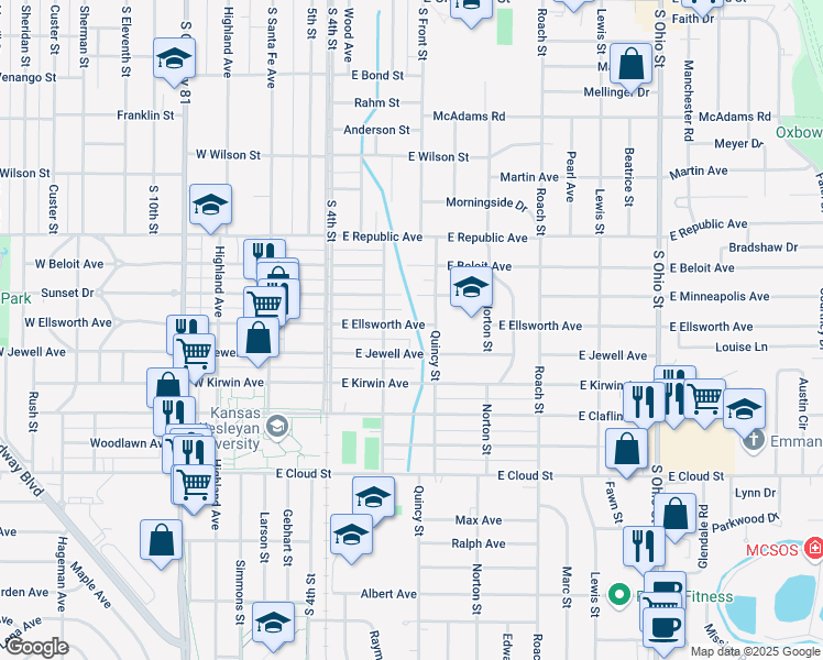 map of restaurants, bars, coffee shops, grocery stores, and more near 318 East Ellsworth Avenue in Salina