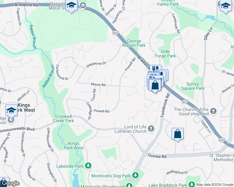 map of restaurants, bars, coffee shops, grocery stores, and more near 4904 Powell Road in Fairfax