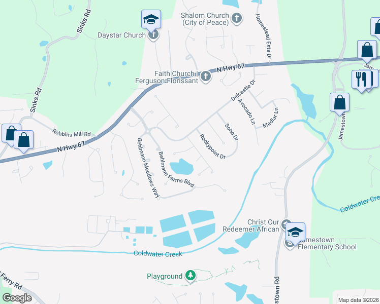 map of restaurants, bars, coffee shops, grocery stores, and more near 8 Behlmann Lake Court in Florissant