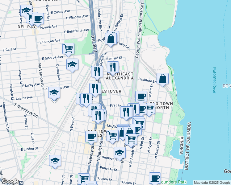 map of restaurants, bars, coffee shops, grocery stores, and more near 901 Second Street in Alexandria