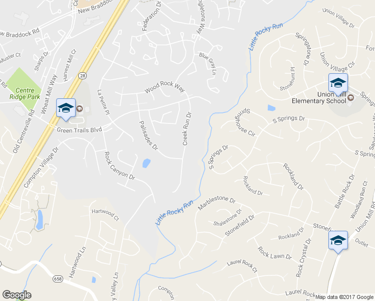 map of restaurants, bars, coffee shops, grocery stores, and more near 6553 Creek Run Dr in Centreville