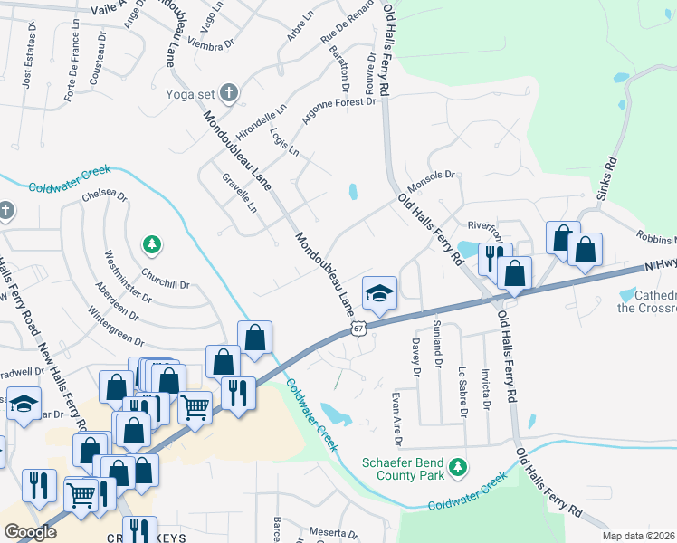 map of restaurants, bars, coffee shops, grocery stores, and more near 14360 Mondoubleau Lane in Florissant