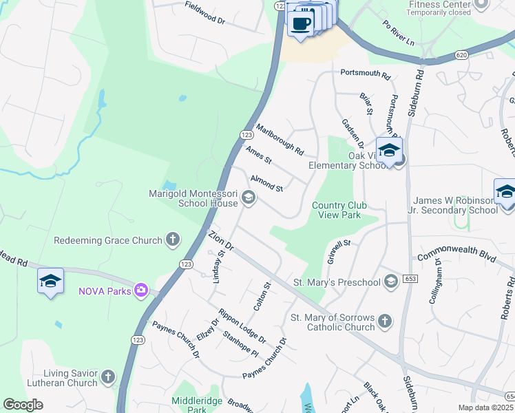 map of restaurants, bars, coffee shops, grocery stores, and more near 5233 Portsmouth Road in Fairfax