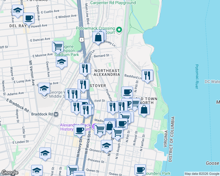 map of restaurants, bars, coffee shops, grocery stores, and more near 1104 Portner Road in Alexandria