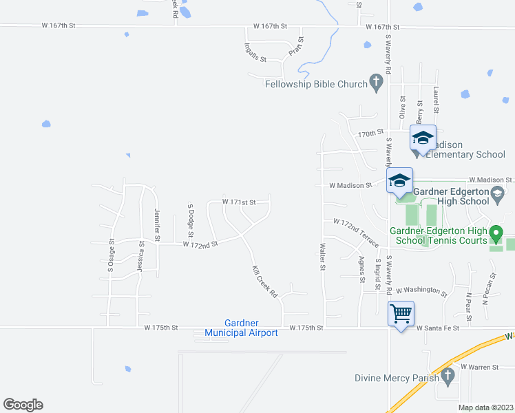 map of restaurants, bars, coffee shops, grocery stores, and more near 31755 West 171st Street in Gardner