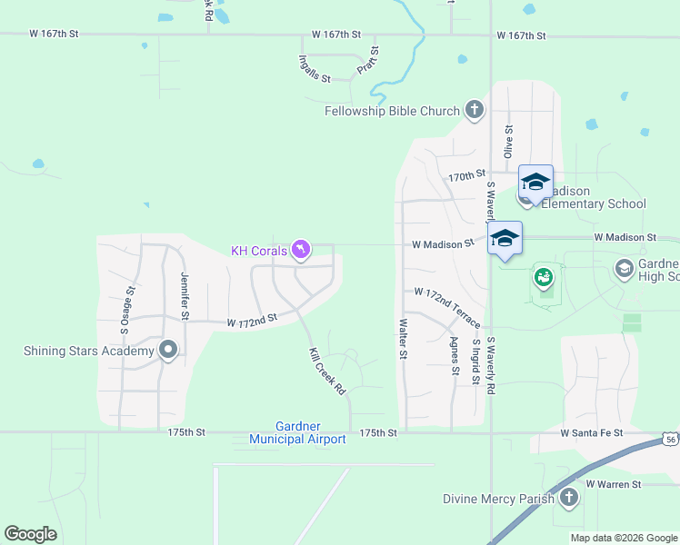 map of restaurants, bars, coffee shops, grocery stores, and more near 31735 West 172nd Street in Gardner