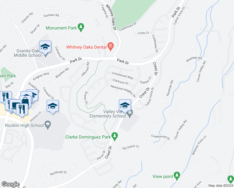 map of restaurants, bars, coffee shops, grocery stores, and more near 2821 Greenview Court in Rocklin