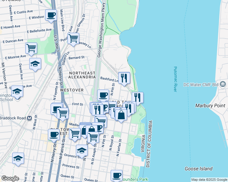 map of restaurants, bars, coffee shops, grocery stores, and more near 1203 North Pitt Street in Alexandria