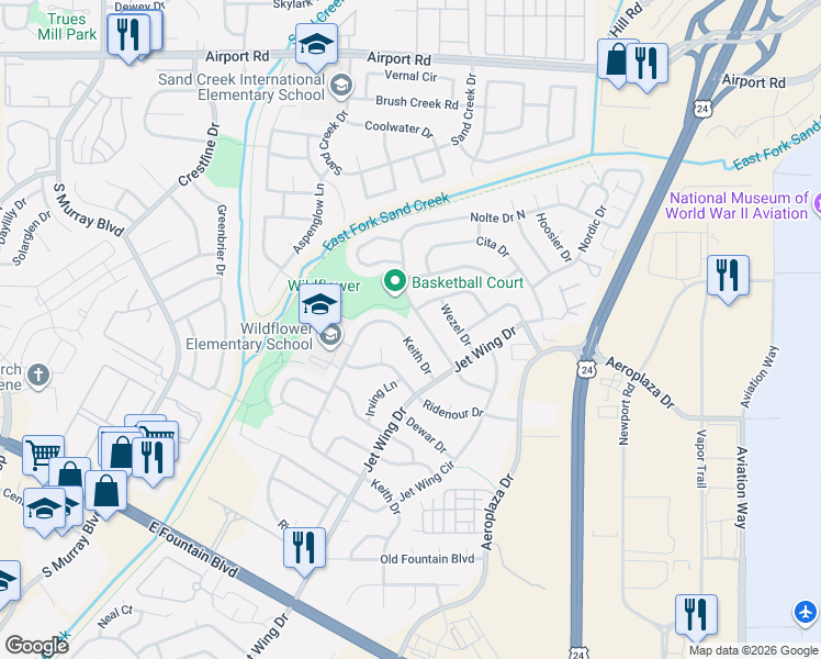 map of restaurants, bars, coffee shops, grocery stores, and more near 1038 Nolte Drive West in Colorado Springs