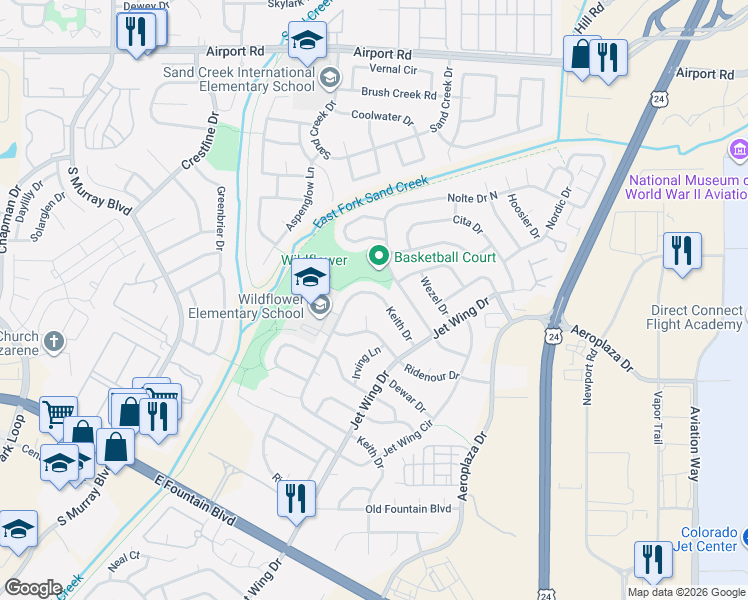 map of restaurants, bars, coffee shops, grocery stores, and more near 1075 Keith Drive in Colorado Springs