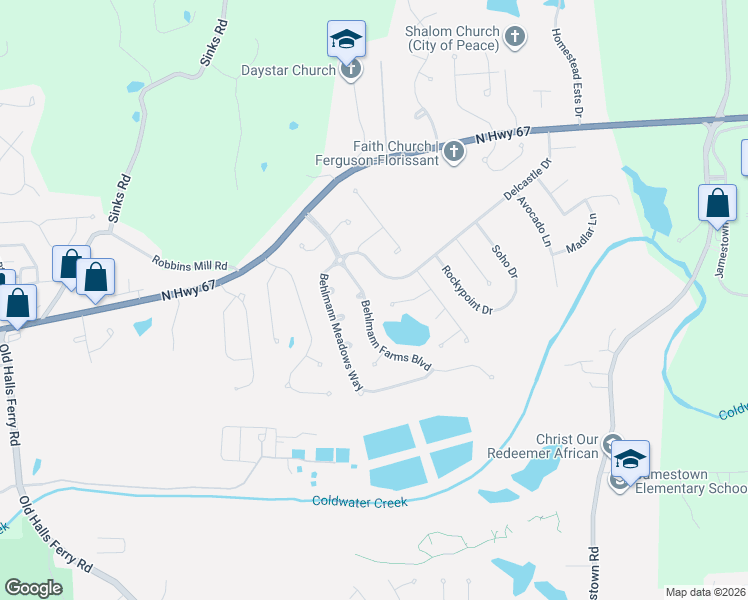 map of restaurants, bars, coffee shops, grocery stores, and more near 27 Behlmann Lake Court in Florissant