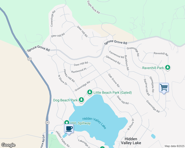 map of restaurants, bars, coffee shops, grocery stores, and more near 18483 Park Point Court in Hidden Valley Lake