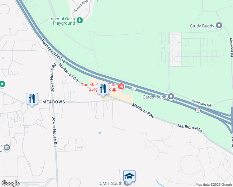 map of restaurants, bars, coffee shops, grocery stores, and more near 9560 Marlboro Pike in Upper Marlboro