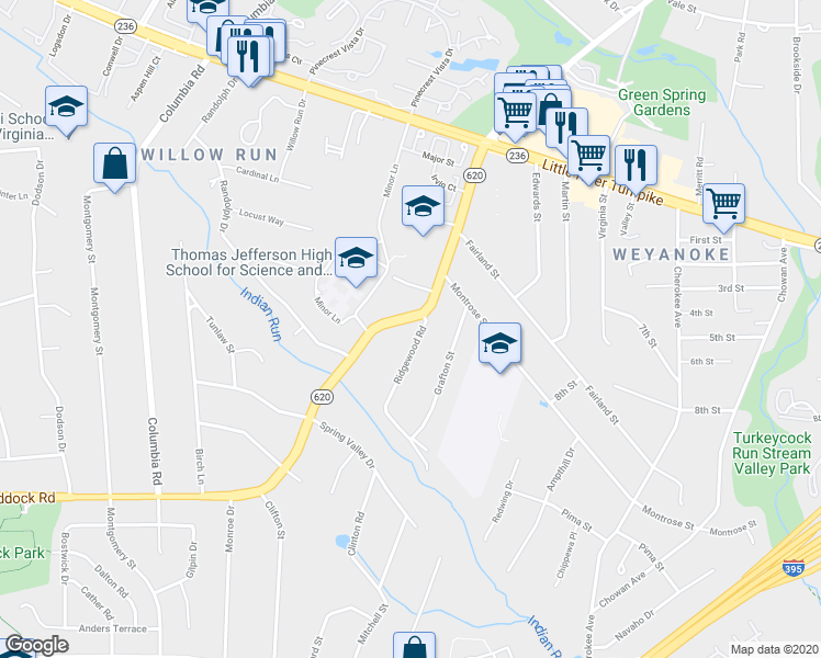 map of restaurants, bars, coffee shops, grocery stores, and more near 6543 Braddock Road in Alexandria