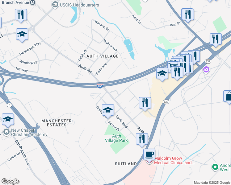 map of restaurants, bars, coffee shops, grocery stores, and more near 6109 Carswell Terrace in Camp Springs