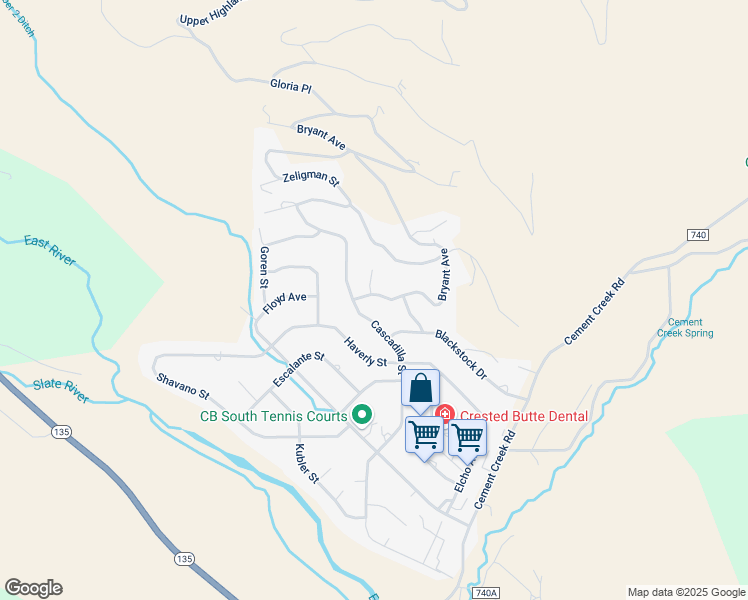 map of restaurants, bars, coffee shops, grocery stores, and more near 162 Bryant Avenue in Crested Butte