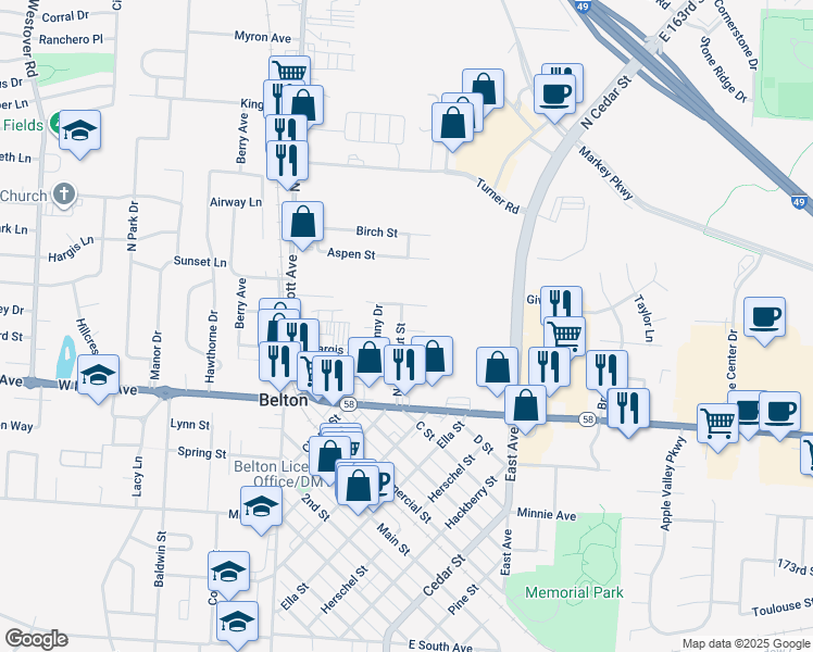 map of restaurants, bars, coffee shops, grocery stores, and more near 218 East Washington Street in Belton