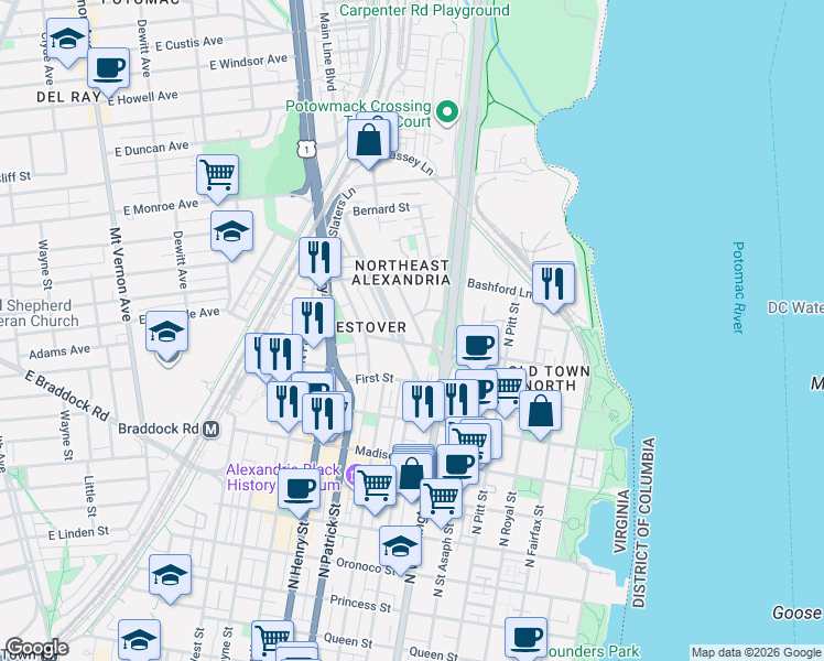 map of restaurants, bars, coffee shops, grocery stores, and more near 1106 Portner Road in Alexandria