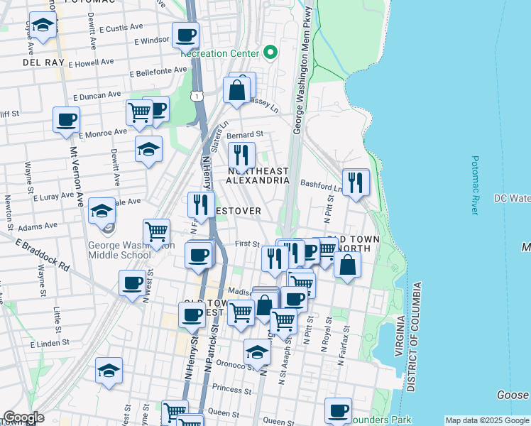 map of restaurants, bars, coffee shops, grocery stores, and more near 1106 Portner Road in Alexandria