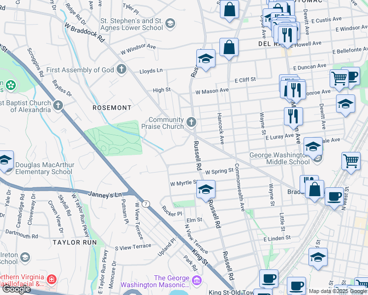 map of restaurants, bars, coffee shops, grocery stores, and more near 208 West Alexandria Avenue in Alexandria