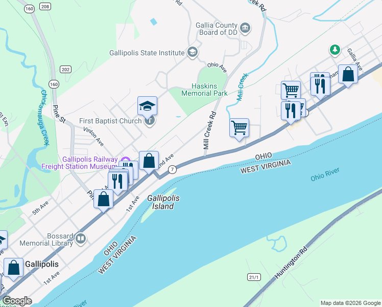 map of restaurants, bars, coffee shops, grocery stores, and more near 1110 1st Avenue in Gallipolis
