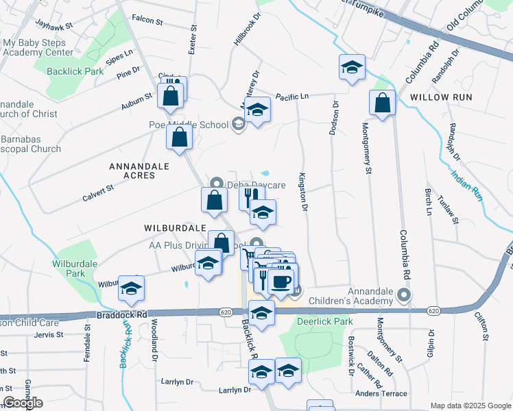 map of restaurants, bars, coffee shops, grocery stores, and more near 4930 Sunset Ln in Annandale
