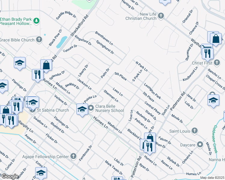map of restaurants, bars, coffee shops, grocery stores, and more near 1135 Sherman Lane in Florissant