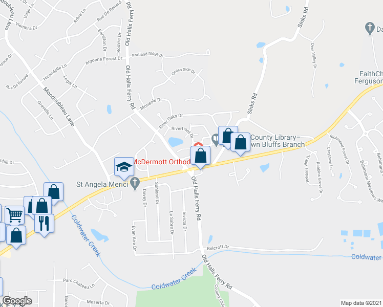 map of restaurants, bars, coffee shops, grocery stores, and more near 4208 Inlet Isle Drive in Florissant