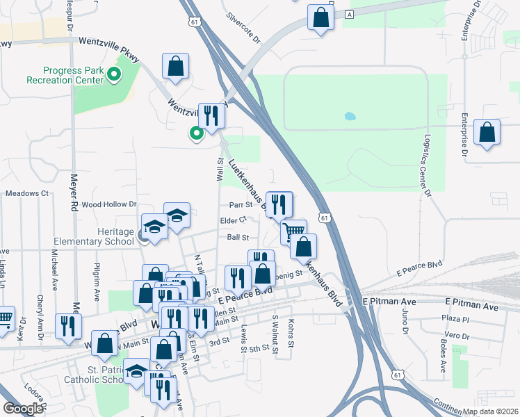 map of restaurants, bars, coffee shops, grocery stores, and more near 810 Parr Street in Wentzville