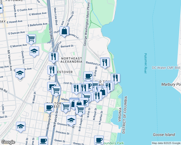 map of restaurants, bars, coffee shops, grocery stores, and more near 1198 North Pitt Street in Alexandria