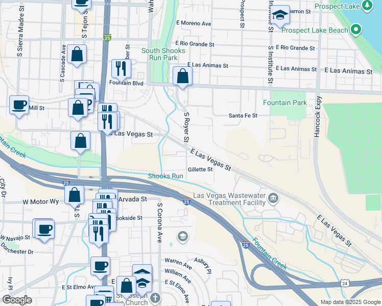 map of restaurants, bars, coffee shops, grocery stores, and more near 1202 South Royer Street in Colorado Springs