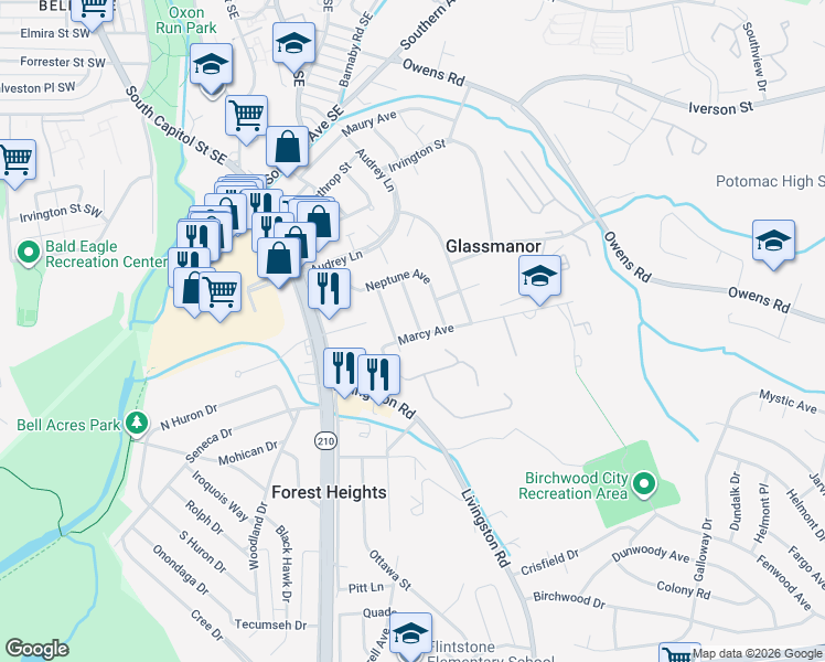 map of restaurants, bars, coffee shops, grocery stores, and more near 5319 Leverett Street in Oxon Hill
