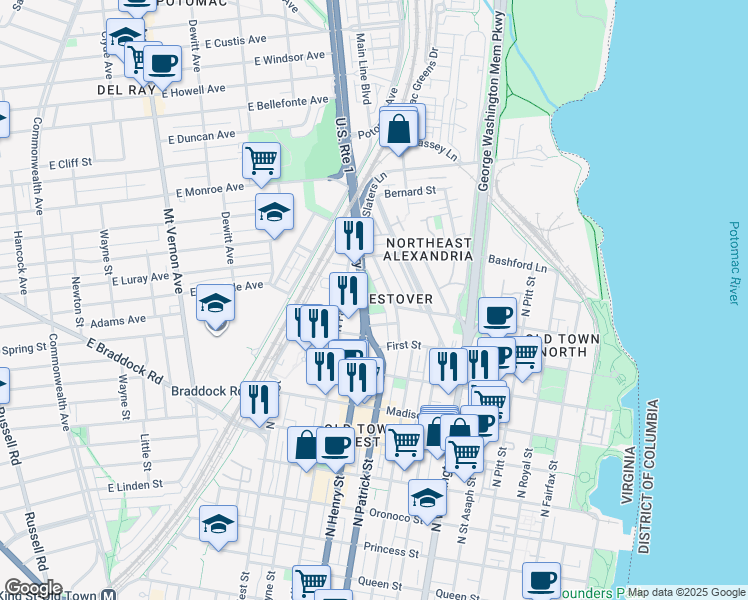 map of restaurants, bars, coffee shops, grocery stores, and more near 1010 Douglas Street in Alexandria