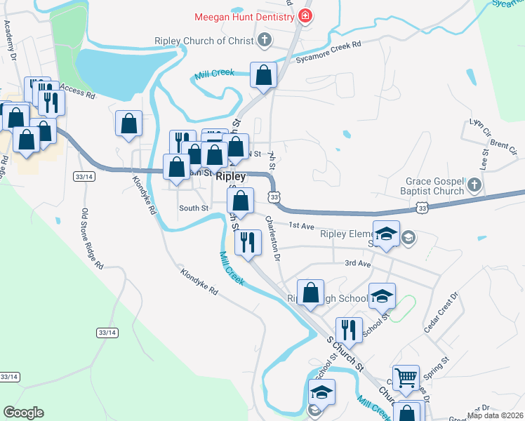 map of restaurants, bars, coffee shops, grocery stores, and more near 201 Highlawn Dr in Ripley
